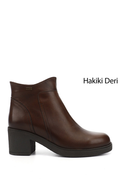GÖNDERİ(R) Kadın Kahve Antik Fermuarlı Kalın Topuklu Hakiki Deri Bot