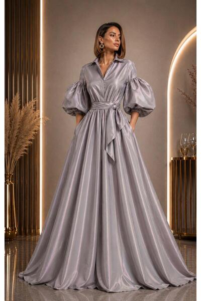 ALYEL NAKER Balloon Sleeve Detailed & Belted Maxi Length Taffeta Shirt Dress