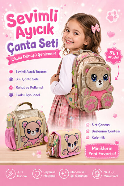 high value chimola honey paws Ayıcıklı 3'lü Okul Çantası Seti ( Ara boy) İTHAL