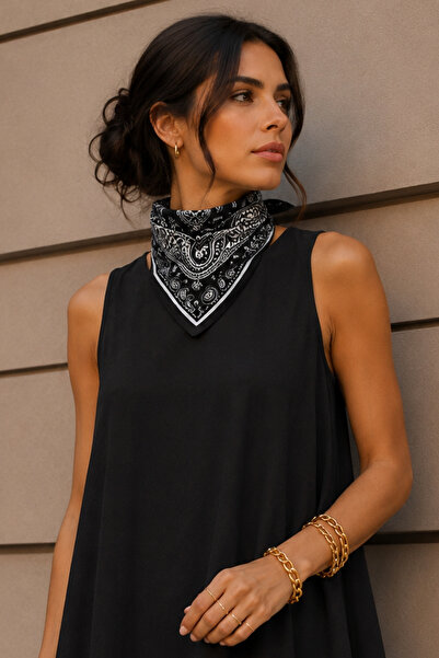 AFVENTE Paisley Pattern Black-Silver Soft Bandana Scarf 50X50 cm