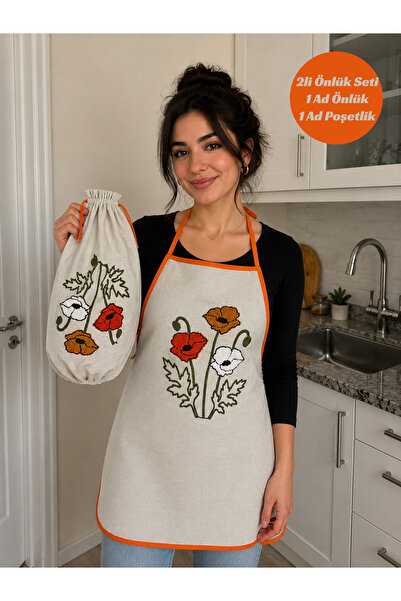 İnterlife Linen Kitchen Apron and Bag Organizer Embroidered Washable Dining A...