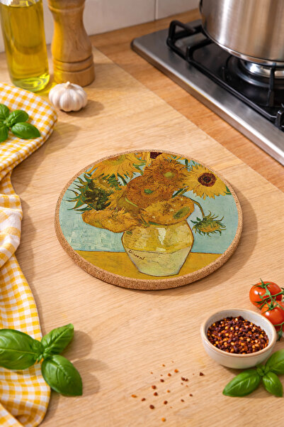iyi fikirler Van Gogh Ayçiçekleri Mantar Nihale Tencere Tava Altlığı 19cm Çap...