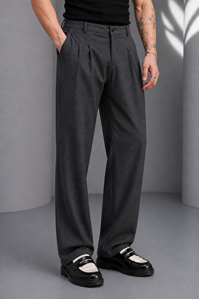 Men's Anthracite Gray ZRA Model Pleated Wide Leg Fabric Pants Oversize Comfortable Cut