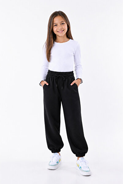 Girls-Boy Black Elastic Waist Leg Pants Jogger Pants with Elastic Pockets