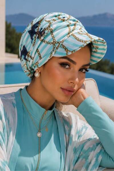 Aişe tesettür Turquoise Chain Hijab Hat Bonnet