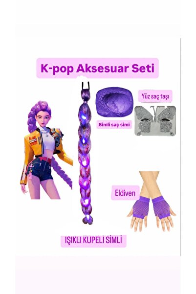 3b kids kpop rumi seti+moraksesuar ışıklı örgü peruk saç +mor simli saç tozu+...