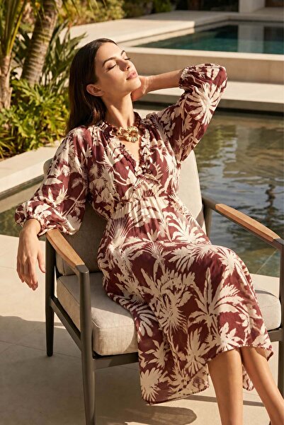 Setre Vişne 100% Linen Dress with Collar and Sleeve Details, Waist-Fitted, Mi...