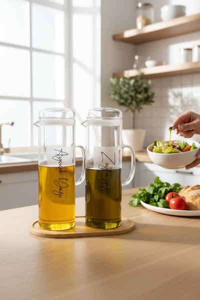 zezedesing Set of 2 Borosilicate Glass Oil Pot & Vinegar Pot with Bamboo Stan...