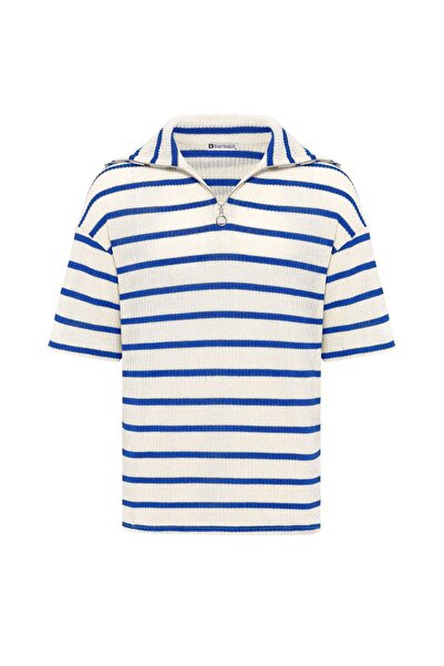 S13 Store Oversize Striped Zippered Collar Knitwear T-Shirt