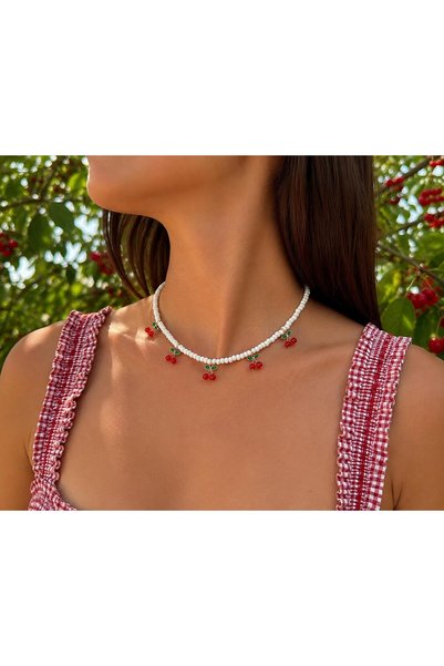 Defne Aksesuar Women's 5-Piece Cherry Figured White Design Necklace