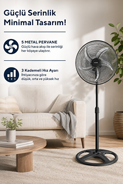 KUMTEL KTF-340 Siyah 18 İnç Sanayi Tipi Vantilatör 3in1 60 W,5 Kanatlı, 3 Kademeli, 132 cm