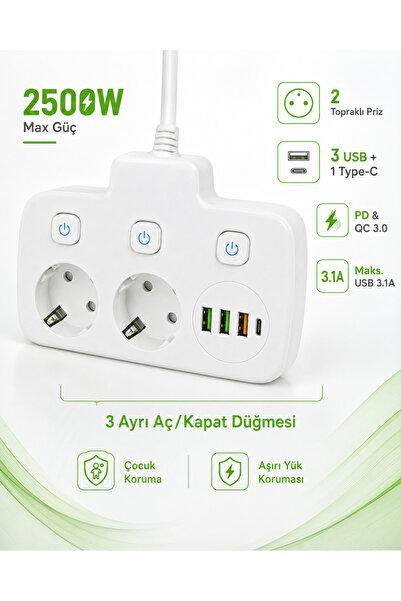 Yellowtech USB’li 3’lü Priz – 20W Hızlı Şarj – 1 Type-C + 3 USB Çıkış – PD & ...