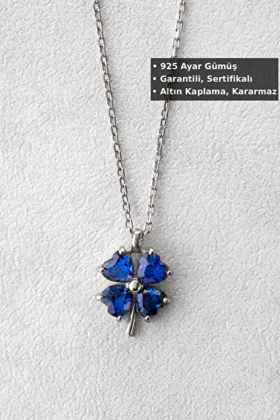 Jewelmim Mavi Taşlı Yoncalı Kolye | Beyaz Altın Kaplama 925 Ayar Kadın Dört 4...