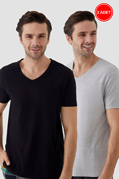 koza iç giyim Men's Cotton V-Neck Short Sleeve T-Shirt 2 Pcs