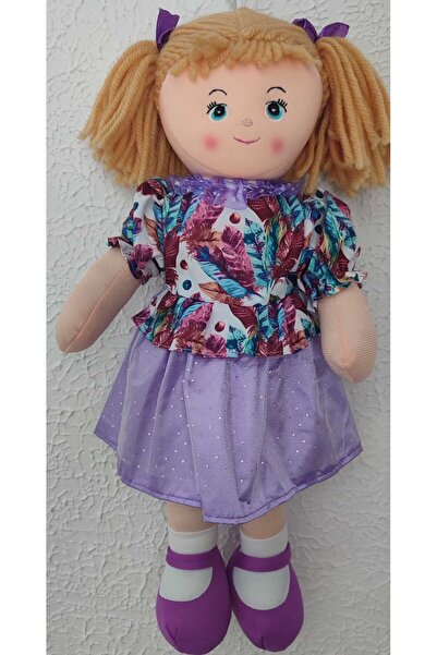 lorashop Örgü Saçlı Sevimli Bez Bebek - Mor Yıldızlı Elbise Detaylı