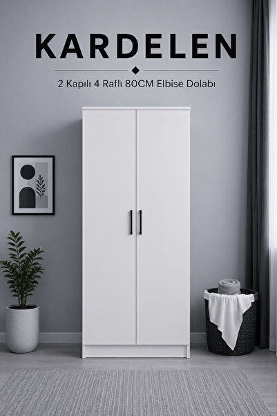midoser Kardelen Serisi Mat Beyaz 2 Kapaklı 4 Raflı 80 Cm Elbise Dolabı