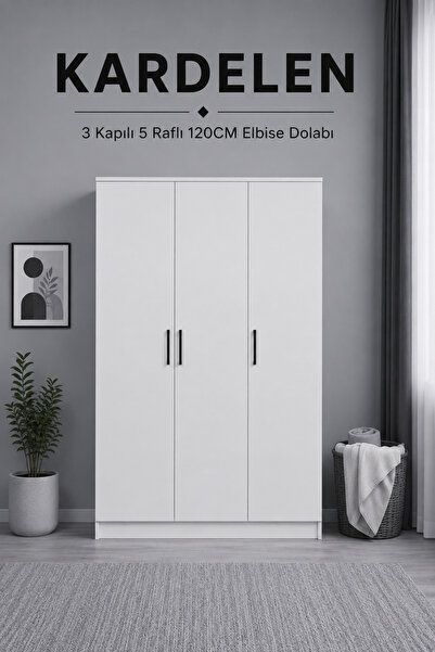 midoser Kardelen Serisi Mat Beyaz 3 Kapaklı 5 Raflı 120 Cm Elbise Dolabı