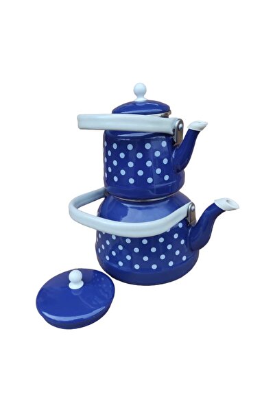 qussine Enamel Teapot Set Navy Blue Polka Dot Bottom Top Handle 3.5 Lt Top Si...