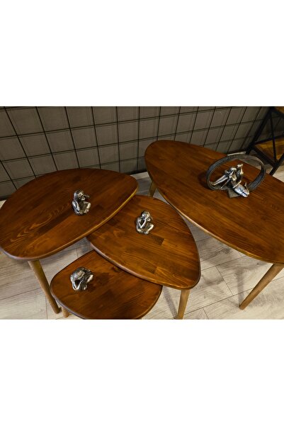 Senka Wood Doğal Masif Ahşap Modern İskandinav asimetrik Orta Sehpa ve 3lü Zigon sehpa takım Kızıl CEVİZ