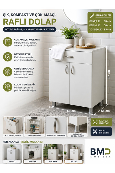 BMD MOBİLYA Çok Amaçlı Raflı Dolap (EN:60 CM, DERİNLİK 58 CM, YÜKSEKLİK,85 CM)
