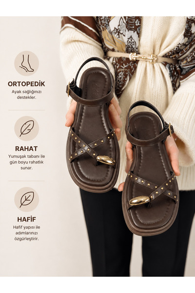 KAYGISIZ AYAKKABI Ženske zlatne sandale sa detaljnim dizajnom i kapljicama