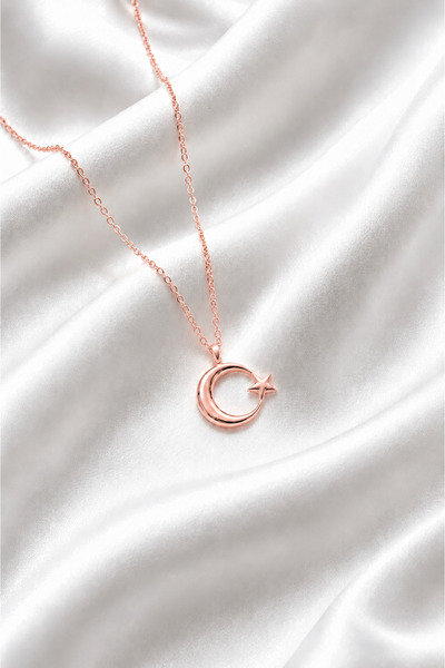 ÇEKİRDEK JEWELRY 925 Ayar Gümüş Ay Yıldız Kolye – Rose Kaplama Parlak Şık Tas...