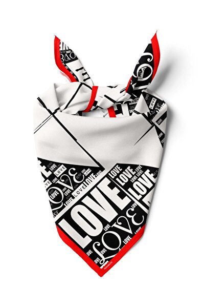 Modabutik A30 Kadın Love Desenli Bandana 50x50 Siyah Beyaz DG0135-22