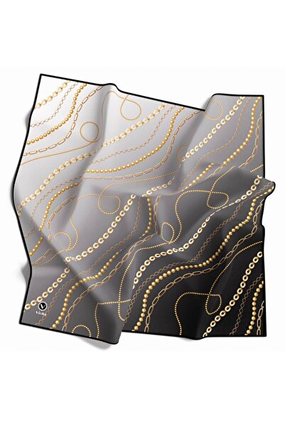 VİOLLA Kristal Degradeli Ve Zincir Desenli Gümüş Renkli 90x90 Eşarp (İpek İçe...