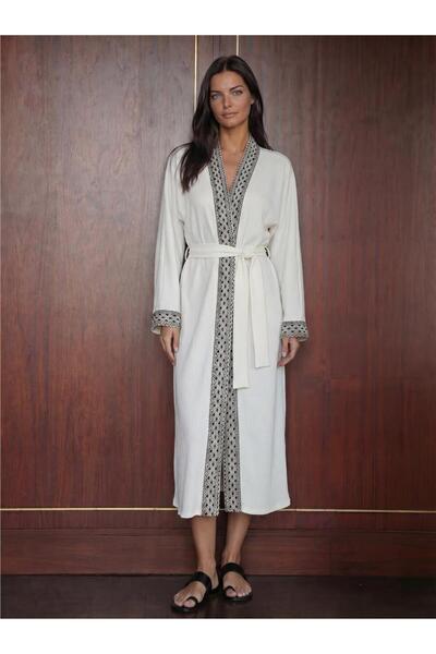 WeShaya White Knitted Stretch Fabric Long Sleeve Belted Long Kimono with Embr...