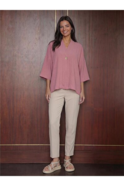 WeShaya Dusty Rose Flexible Textured Short Sleeve Oversize Single Button Comf...
