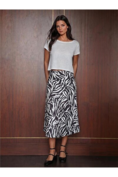 WeShaya Black and White Patterned Polyester Satin Fabric Long Skirt 84 cm Len...