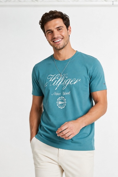 Tommy Hilfiger Slim Fit Cotton Script Print Granatowy Slim Fit T-Shirt