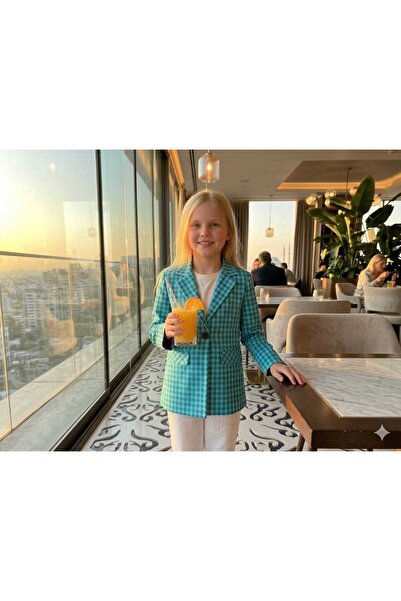 Hilal Akıncı Kids Κοριτσίστικο καρό μπλε χρώματος ρετρό μοντέλο Blazer Jacket
