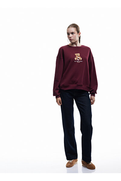 Koton Bordo Kadın Bisiklet Yaka Relaxed Nakışlı Sweatshirt 6WAL10106IK