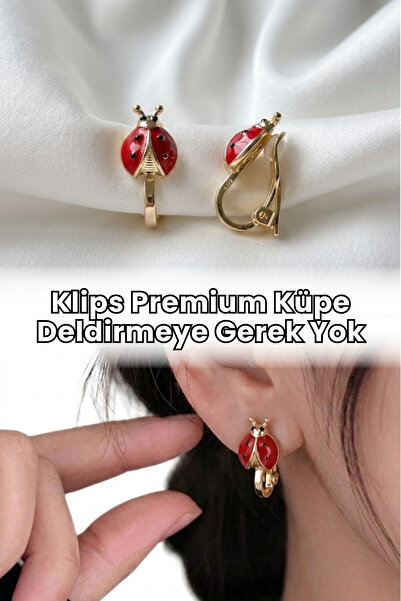 Elifsu Jewelry Premium Klips Uğur Böceği Tasarımlı Deliksiz Küpe Kulak Deliği...