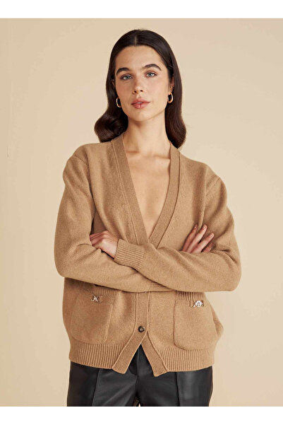 BROOKS BROTHERS Camel Kadın V Yaka Standart Fit Hırka