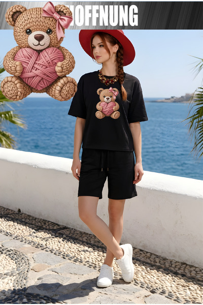 HOFFNUNG Set casual unisex cu mânecă scurtă, cu imprimeu cu cap de urs și mes...