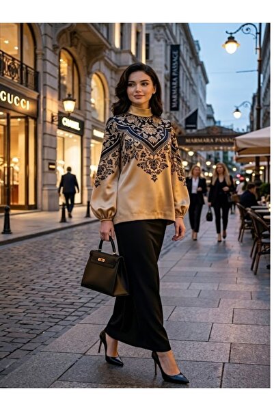 Muslima Wear Altın Siyah Yaprak Desenli Jasmine Bluz