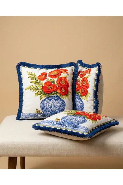 GÜLER HOME Decorative Throw Pillow Cover with Tassels and Red Flowers in a Blue Vase