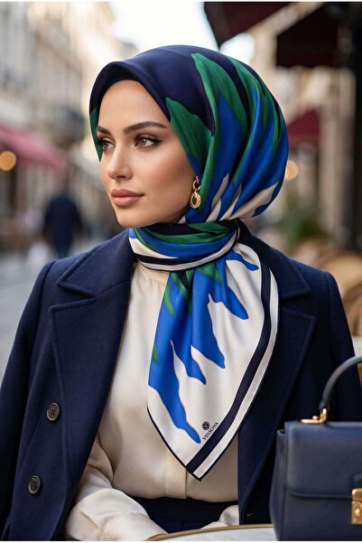 Vissona %100 Twill İpek Geometrik Desenli Lacivert - Çam Yeşili Renkli 90x90 ...