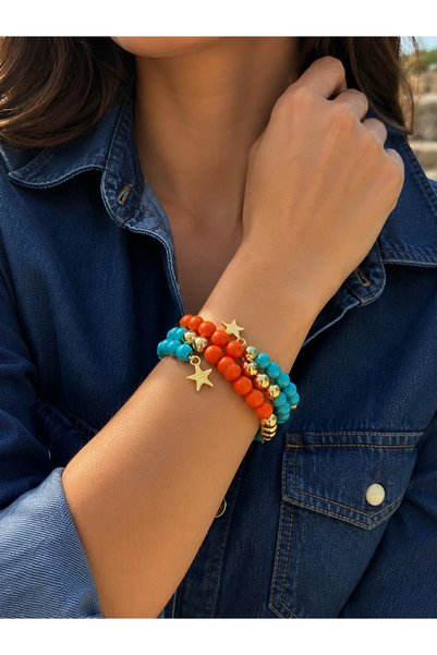 Kutcha Accessories Turquoise & Coral Colored Star End Bead Bracelet