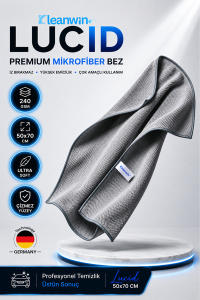 Kleanwin Lucid Mikrofiber Cam Bezi | 50x70 cm | 240 GSM | Gri | İz Bırakmaz O...