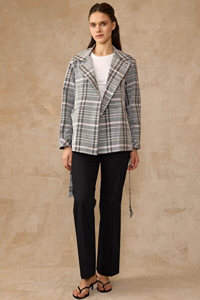 Olcay Plaid Patterned Unlined Short Trench Coat Pudra 6848