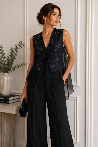 Diva Exclusive Fashion Black Vest with Floral Embroidery and Tulle Appliqués