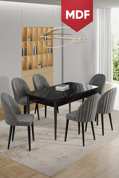 Canisa Enya Serisi 80x132 MDF Açılabilir Siyah Mermer Desen Masa Takımı ve 6 ...