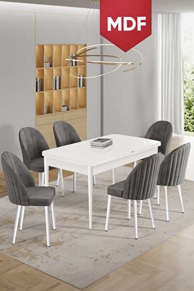Canisa Enya Serisi 80x132 MDF Açılabilir Beyaz Masa Takımı ve 6 Gri Sandalye