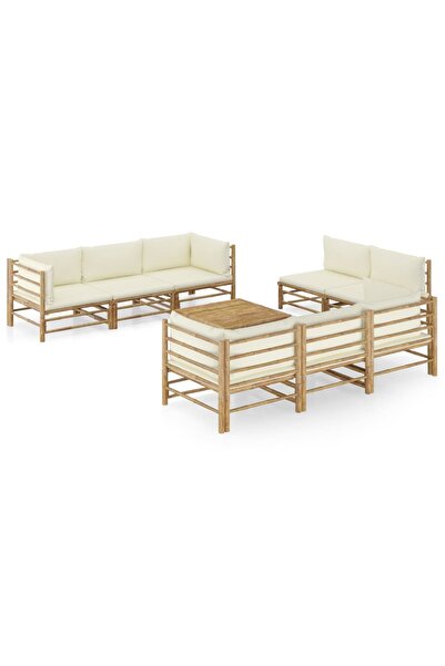 Concept Set mobilier de grădină cu perne alb crem, 9 piese, bambus