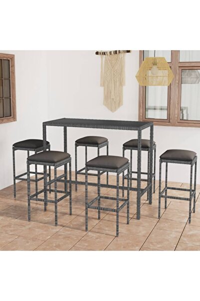 Concept Set mobilier bar de grădină cu perne, 7 piese, gri, poliratan