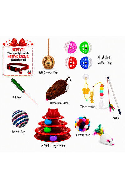 HKEVCİLPET 13+1 KEDİ OYUN SETİ:3 KATLI OYUNCAK,HAREKETLİ FARE,OLTA,YUMAK TOP,...