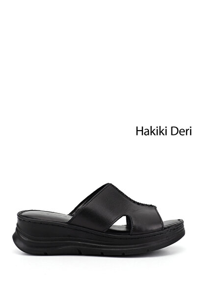 GÖNDERİ(R) Women's Black Wedge Sole Genuine Leather Slippers